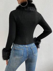 Zolique Áo khoác len cardigan dài tay cổ lông màu trơn thời trang cho nữ, mùa thu/đông - màu đen - Xem 2