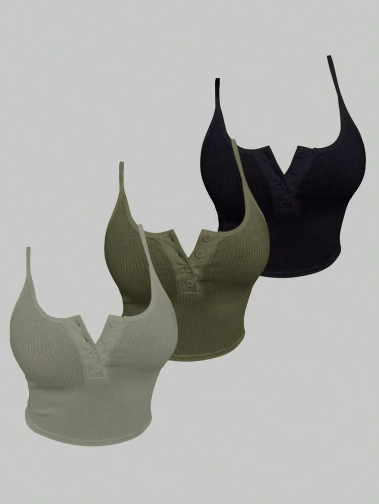 VaVaBold Solid Color Spaghetti Strap V-Neck Ribbed Cropped Button Camisole, Multi-Color Set 3 Pack Tops Ribbed Tops Curvy Tops Tight Tops