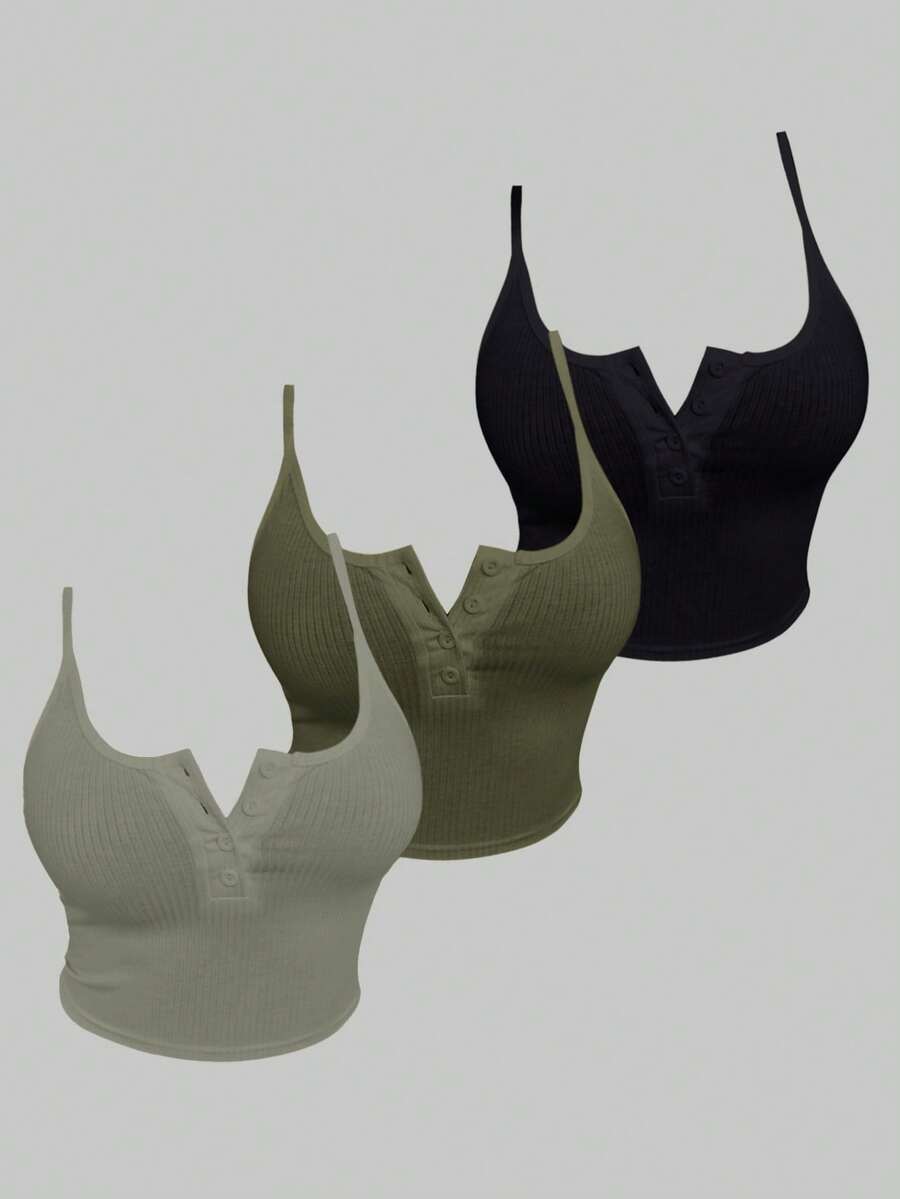 Zolique Solid Color Spaghetti Strap V-Neck Ribbed Cropped Button Camisole, Multi-Color Set 3 Packs Tops Ribbed Tops Curvy Tops Tight Tops - Multicolor - View 1