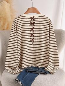 CosyJoli 大码法式镂空蝴蝶结条纹针织毛衣 - 咖啡棕 - 查看 1