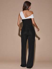 SHEIN BAE Autumn/Winter Solid Black & White Contrast Asymmetric Twist Shoulder Fitted Elegant Wide Leg Women's Jumpsuit, Versatile For Daily Wear, Date, Party, Gathering, Going Out - Black and White - View 3