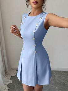 Elenzga Váy ngắn công chúa thắt eo đính đá, kiểu Pháp thanh lịch cổ điển sang trọng, cài nút eo, dự tiệc cao cấp, đi làm, hẹn hò, đi chơi, đa năng - Màu xanh nhạt - Xem 4