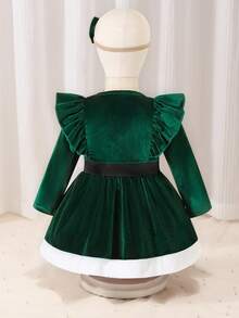 Glamorique Kids Vestido de terciopelo con diadema de lazo para niñas bebé, adecuado para eventos navideños - Verde - Ver 2