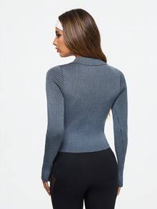 SHEIN Sports Women's Striped Long Sleeve Single-Breasted Fitted Knit Cardigan - Blue - View 2