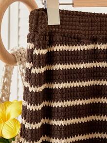 SHEIN Striped Polo Shirt & Pants Set FoTeen Girls, Suitable For Spring & Autumn - Coffee Brown - View 4