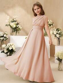 SHEIN Tween Girls Elegant Wedding Flower Girl Dress, Chiffon Ruffled Shawl, Fashion Party Tulle Puff Princess Dress, Suitable For Girls Of All Seasons Fall Winter