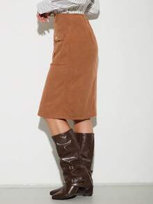 Almamuse Elegant Casual Vacation Camel Corduroy Front Zipper Skirt, Spring/Autumn - Camel - View 6