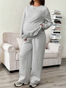 SHEIN 2件套孕妇休闲运动衫和运动裤套装，秋冬 - 灰色 - 查看 3