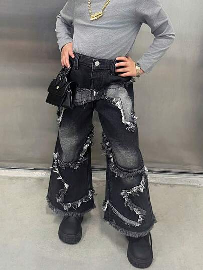SHEIN Young Girl' Y2K Frayed Star Decor Black Loose Fit Jeans,Fall Clothes,Winter Clothing ,Casual And Fashionable Vacation Outfits,2000s Style ,Halloween Denim Jeans ,Christmas Clothing