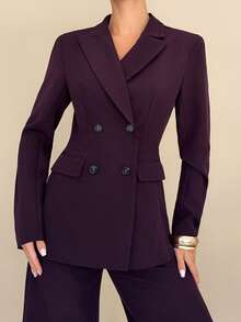 Almamuse Conjunto de blazer y pantalones de oficina de otoño para mujer con doble botonadura, cuello con muesca y cintura ceñida