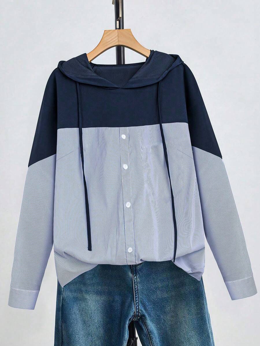 SHEIN CURVE+ Áo nỉ dài tay kẻ sọc tương phản dành cho nữ cỡ lớn - Nhiều màu - Xem 1