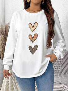 EMERY ROSE Autumn Casual Leopard Print Heart Shaped Hem White Thermal Lined Loose Fit Sweatshirt For Plus Size Women, Suitable For Autumn/Winter Graphic - White - View 1