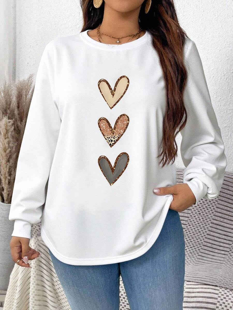 EMERY ROSE Autumn Casual Leopard Print Heart Shaped Hem White Thermal Lined Loose Fit Sweatshirt For Plus Size Women, Suitable For Autumn/Winter Graphic - White - View 1