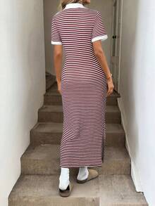 Easowa Women's Casual Polo Collar Striped Split Hem Dress - Red - View 2