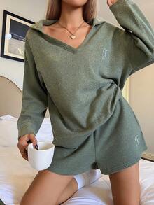 DAZY 2件套女士休闲字母刺绣V领长袖上衣和短裤家居服套装，冬季服装 - 綠色 - 查看 5