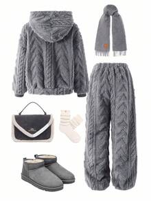 SHEIN Girlism 2 Stücke/Set Tween Mädchen Warm Fuzzy Strukturierte Lose Fit Casual Hoodie Und Jogginghose Set, Herbst - Dunkelgrau - Übersicht 2