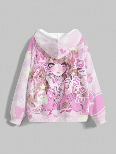 Anime sweat-shirt à capuche ample et décontracté pour femmes avec motif de cœur mignon de dessin animé, rose