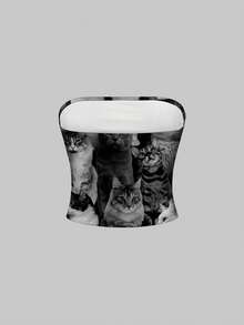ROMWE Grunge Punk 可爱黑猫全身印花复古风格女式上衣 - 黑色 - 查看 2
