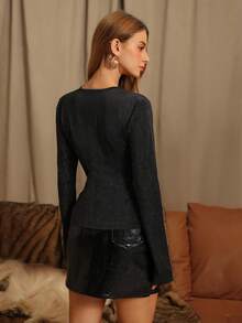 Glamine Top corto ajustado con cuello de encaje de parche de estilo elegante vintage, adecuado para otoño/invierno - Negro - Ver 2