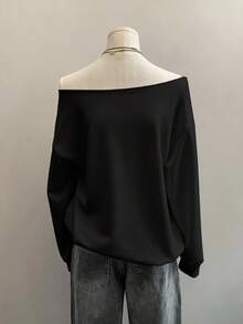 Attitoon 休闲宽松复古朋克骷髅涂鸦暗黑街头Y2K印花图案，黑色露肩长袖宽松厚款卫衣，舒适秋冬 - 黑色 - 查看 2