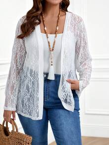 EMERY ROSE Plus Size White Lace Long Sleeve Sun Protection Jacket For Summer,Spring - White - View 3