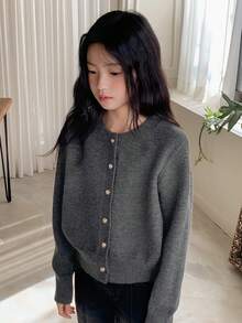 DAZY Áo len cardigan dệt kim đơn hàng ngày cổ tròn tay dài màu trơn cho bé gái tuổi mới lớn, mùa thu/đông - Xám - Xem 3