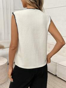 Easowa 女士罗纹针织纽扣背心，撞色滚边圆领无袖毛衣背心，时尚女士白色无袖纽扣前开襟毛衣，黑色滚边细节，适合日常穿着，优雅女士针织背心，休闲圆领无袖开衫，独特纽扣装饰 - 杏色 - 查看 3