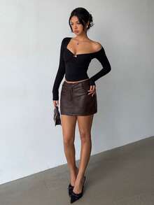 Aloruh Women's Y2K Fashion Low Waist PU Leather Mini Skirt - Coffee Brown - View 6