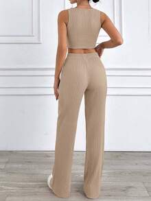 EURMUSE Solid Cotton Rib Knit Tank Top And Pants Casual Set - Beige - View 2