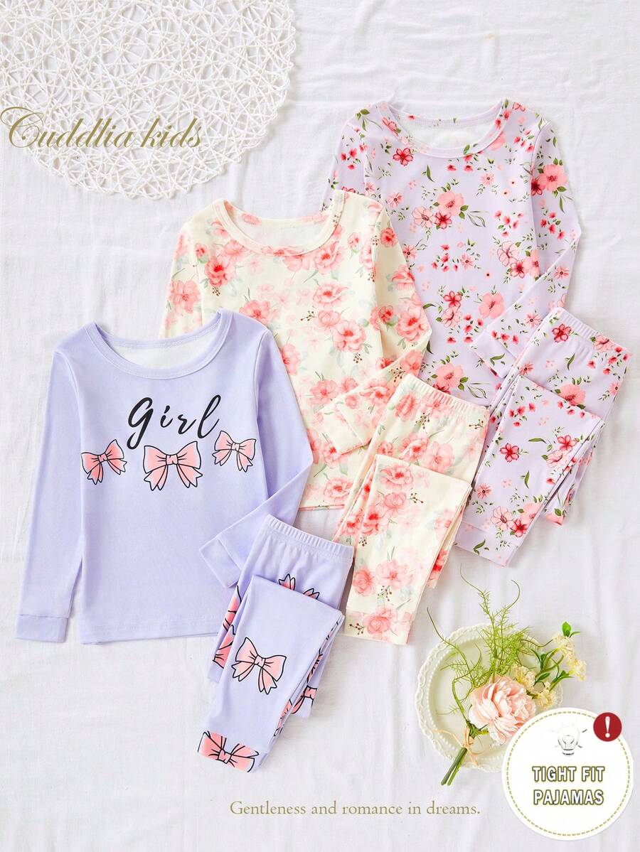 6pcs Snug Fit Long Sleeve Top And Pants Pajama Set, Comfortable Casual Loungewear For Young Girls