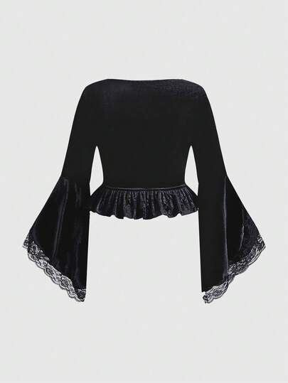 Goth Blusa de terciopelo negro y púrpura oscuro con patchwork de estilo gótico romántico vintage y lujoso, elegante blusa gótica de talla grande para mujer, ropa formal para fiestas navideñas de otoño/invierno