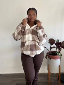 Tyla Gomez Buffalo Plaid Print Half Zip Drop Shoulder Teddy Sweatshirt,Long Sleeve Tops In Fall/Winter - Multicolor - View 4