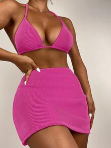 Costavie Bộ bikini dây cổ màu trơn đi biển mùa hè cho nữ kèm váy che, 3 chiếc - Màu Hồng Tươi - Xem 8