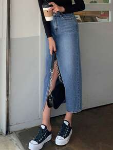 Dazy Tall 高个女式休闲牛仔半身裙，侧开衩设计，街头风 - 中等水洗藍 - 查看 9