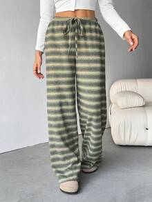 SHEIN Tall Bộ quần ống rộng cạp thấp đơn giản thoải mái cho nữ Bộ quần sọc Bộ quần thoải mái Bộ quần dài mặc nhà cho nữ - màu xanh lá - Xem 7