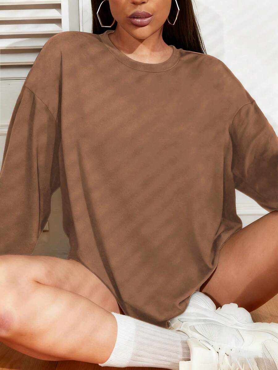 INAWLY Women's Casual Everyday Commute Simple Solid Color Drop Shoulder Loose Long Sleeve T-Shirt, Spring/Autumn - Brown - View 1