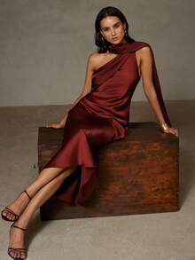 EMERY ROSE Elegant Commute & Vacation Asymmetric Satin Dress - Rust Brown - View 7