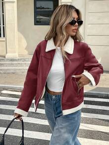 Serisse Women's Casual PU Leather Jacket With Faux Fur Trim Zipper Front, Autumn Winter Christmas New Year Red Burgundy - Burgundy - View 5