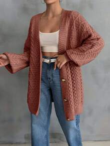 EURMUSE Women Cable Knit Detailed Long Cardigan - Dusty Pink - View 5