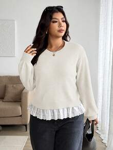 Calvaya Pull décontracté romantique avec bordure en dentelle grande taille - Beige - Voir 4