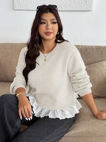 Calvaya Pull décontracté romantique avec bordure en dentelle grande taille - Beige - Voir 6