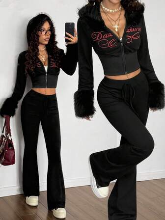 StreetHx 2pcs Women Fashion Printed Zip-Up Short Jacket & Solid Color Pants Set