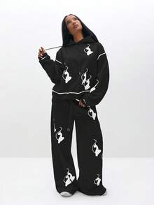 BABYPHAT Oversized Cozy Logo Print Pullover Sweatshirt For Autumn Winter Casual Loungewear - Black - View 2