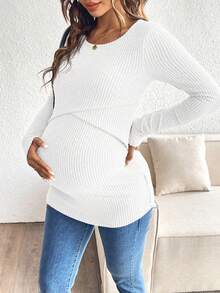 SHEIN Solid Color Round Neck Raglan Sleeve Fitted Ribbed Nursing Top Pregnant Pregnancy Maternity White Maternity Fall Winter Maternity Shirt - White - View 8