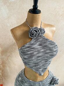 Soleia 2pcs Handmade 3D Floral Halter Backless Tank Top And Super Short Shorts Set, Sexy For Vacation Grey Two Piece Set Knit Two Piece Set Ribbed Two Piece Set Knit Halter Top And Shorts Set Setup Autumn Winter Women Christmas Sweater - Grey - View 5