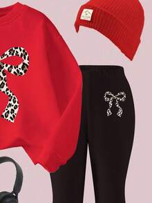2pcs Young Girls Casual Chic Leopard Bow Print Red Crew Neck Sweatshirt And Black Flare Pants Set, Autumn/Winter Girls Sweatshirt And Pants 2-Piece Outfit - Multicolor - View 5