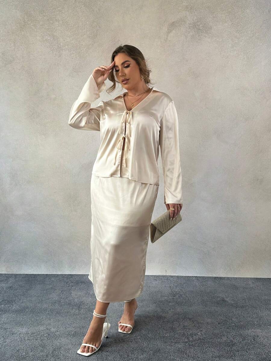 SHEIN LUNE Plus Size Elegant Commuter Dinner Party Formal Wedding Champagne Tie-Up Shirt Split Hem Skirt 2 Pieces Set Autumn Wedding - Apricot - View 1
