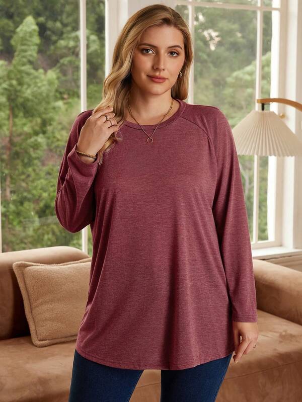Rosumi Plus Size Round Neck Long Sleeve Casual Loose Soft Appealing Winter T-Shirt,Fall Clothes