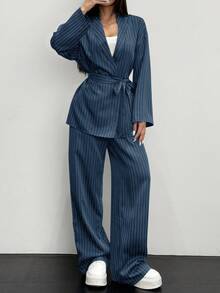 Siren Gaze Women Fashion Striped Wrap Jacket And Casual Pants 2 Pieces Set, Office Business Commute Suit, In Fall/Winter Blue - Blue - View 3