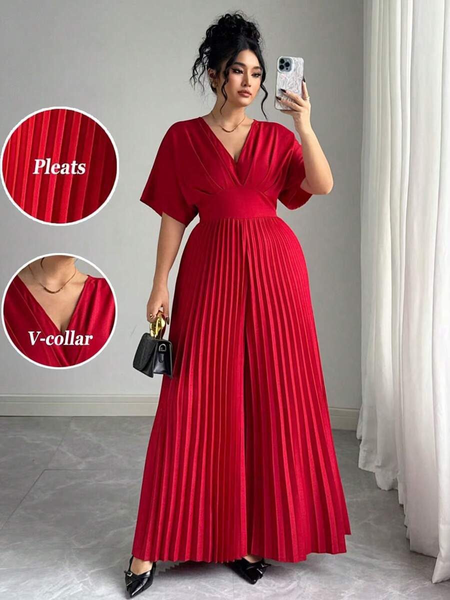 Elenzga Áo cánh xếp ly cổ chữ V dệt trơn thanh lịch cho nữ cỡ lớn, tay áo nhún vai, eo nhún, khóa kéo phía sau, thiết kế xếp ly, thích hợp cho tiệc tùng, đi chơi đêm, giáng sinh, năm mới, trang phục dự tiệc cưới, bộ đồ liền thân thời trang thu đông mới cỡ lớn - Màu Đỏ Sâu - Xem 1